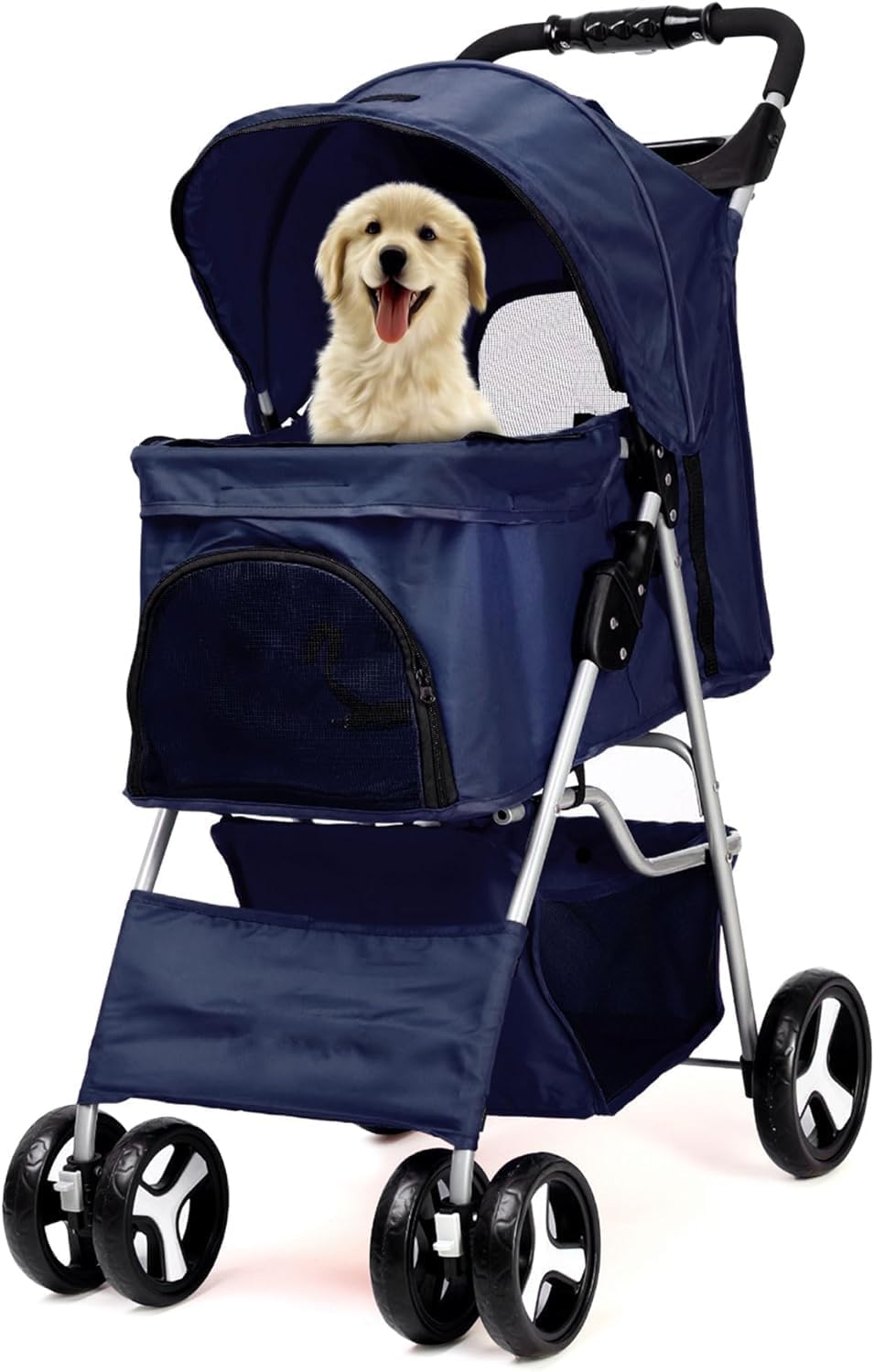 Foldable Pet Stroller with Rain Cover – Compact Pram for Small & Medium Dogs & Cats, Cup Holder & Storage Basket (Navy)