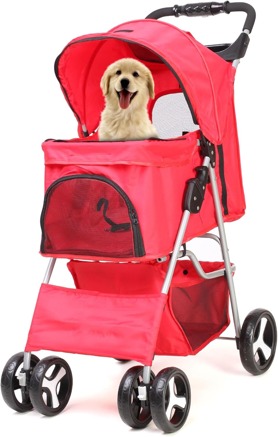 Foldable Pet Stroller with Rain Cover – Compact Pram for Small & Medium Dogs & Cats, Cup Holder & Storage Basket (Red)