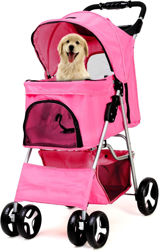 Foldable Pet Stroller with Rain Cover – Compact Pram for Small & Medium Dogs & Cats, Cup Holder & Storage Basket (Pink)
