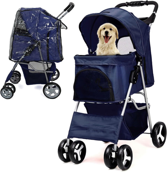 Foldable Pet Stroller with Rain Cover – Compact Pram for Small & Medium Dogs & Cats, Cup Holder & Storage Basket (Navy)